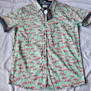 Distortion Mens Casual  Button Down Short Sleeve Shirt Size2XL Hawaiian Flamingo